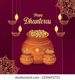 Happy dhanteras wishes card with golden coin kalasha design
