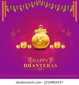 Felicidades Dhanteras, Tarjeta De Felicitación.  Publicación de marketing digital, Plantilla de redes sociales. Olla de oro, monedas, diosa Lakshmi Devi