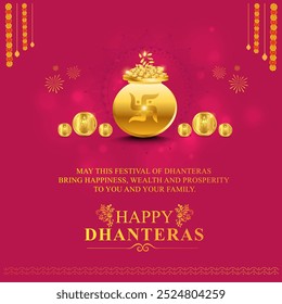 Felicidades Dhanteras, Tarjeta De Felicitación.  Publicación de marketing digital, Plantilla de redes sociales. Olla de oro, monedas, diosa Lakshmi Devi