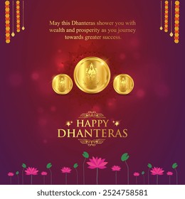 Happy Dhanteras Wishes Social Media Template. Diwali, Gold, Goddess Lakshmi. Indian Traditional Festival