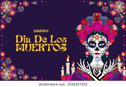 happy dia de los muertos with marigold flowers wreath background. vector illustration