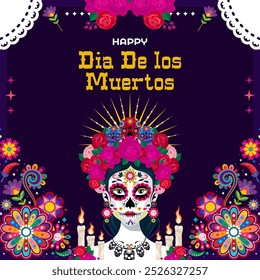 happy dia de los muertos with marigold flowers wreath. vector illustration