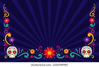 Happy Dia De Muertos Background, Day of the Dead, Decoration skull and flowers with leaves, traditional Mexico celebration, Vector illustration background. Sugar tatoo skulls, candle, maracas, guitar,