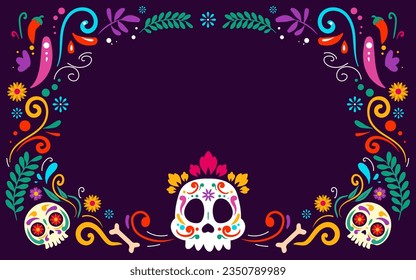 Happy Dia De Muertos Background, Day of the Dead, Decoration skull and flowers with leaves, traditional Mexico celebration, Vector illustration background. Sugar tatoo skulls, candle, maracas, guitar,