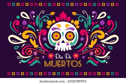 Happy Dia De Muertos Background, Day of the Dead, Decoration skull and flowers with leaves, traditional Mexico celebration, Vector illustration background. Sugar tatoo skulls, candle, maracas, guitar,