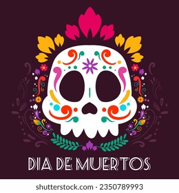 Happy Dia De Muertos Background, Day of the Dead, Decoration skull and flowers with leaves, traditional Mexico celebration, Vector illustration background