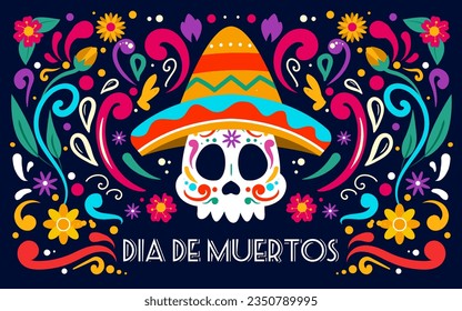 Happy Dia De Muertos Background, Day of the Dead, Decoration skull and flowers with leaves, traditional Mexico celebration, Vector illustration background