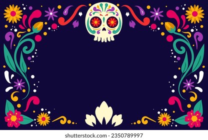 Happy Dia De Muertos Background, Day of the Dead, Decoration skull and flowers with leaves, traditional Mexico celebration, Vector illustration background