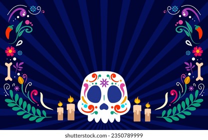 Happy Dia De Muertos Background, Day of the Dead, Decoration skull and flowers with leaves, traditional Mexico celebration, Vector illustration background. Sugar tatoo skulls, candle, maracas, guitar,