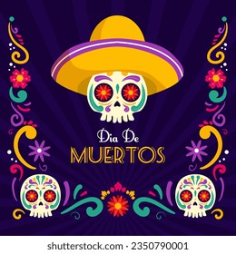 Happy Dia De Muertos Background, Day of the Dead, Decoration skull and flowers with leaves, traditional Mexico celebration, Vector illustration background. Sugar tatoo skulls, candle, maracas, guitar,