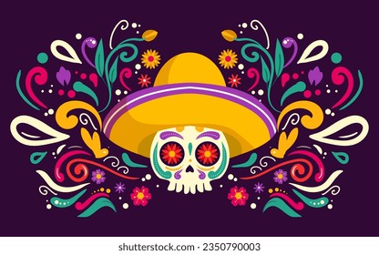 Happy Dia De Muertos Background, Day of the Dead, Decoration skull and flowers with leaves, traditional Mexico celebration, Vector illustration background. Sugar tatoo skulls, candle, maracas, guitar,