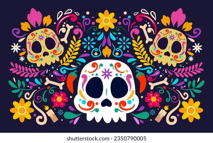 Happy Dia De Muertos Background, Day of the Dead, Decoration skull and flowers with leaves, traditional Mexico celebration, Vector illustration background. Sugar tatoo skulls, candle, maracas, guitar,