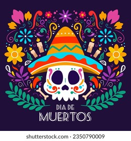 Happy Dia De Muertos Background, Day of the Dead, Decoration skull and flowers with leaves, traditional Mexico celebration, Vector illustration background