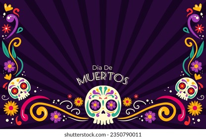 Happy Dia De Muertos Background, Day of the Dead, Decoration skull and flowers with leaves, traditional Mexico celebration, Vector illustration background. Sugar tatoo skulls, candle, maracas, guitar,