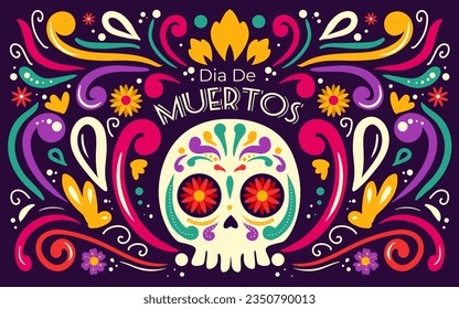 Happy Dia De Muertos Background, Day of the Dead, Decoration skull and flowers with leaves, traditional Mexico celebration, Vector illustration background. Sugar tatoo skulls, candle, maracas, guitar,