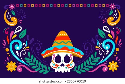 Happy Dia De Muertos Background, Day of the Dead, Decoration skull and flowers with leaves, traditional Mexico celebration, Vector illustration background. Sugar tatoo skulls, candle, maracas, guitar,