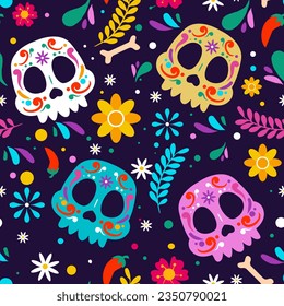 Happy Dia De Muertos Background, Day of the Dead, Decoration skull and flowers with leaves, traditional Mexico celebration, Vector illustration background