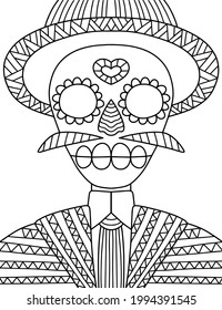 Happy Dia de Muertos skeleton in a suit with hat and mustache linear vector illustration. Funny Day of the Dead festival hand-drawn skeleton coloring page for adults and kids. One of a series
