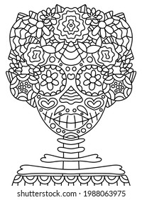 Happy Dia de Muertos woman skeleton with flower wreath coloring page vector illustration. Decorative hand-drawn bizarre skeleton with ornaments vertical printable page for adults