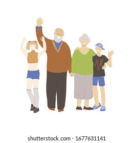 Happy different generation family with older parents, grandmother and grandfather and two teens, boy and girl, holding thumb, waving hands in cheers, showing OK sign. Joyful family concept