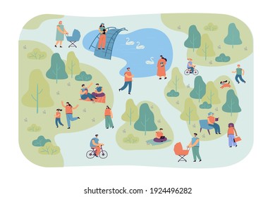 Happy different people walking in city park flat vector illustration. Cartoon characters relaxing, cycling and exercising on nature. Summer activity and leisure concept