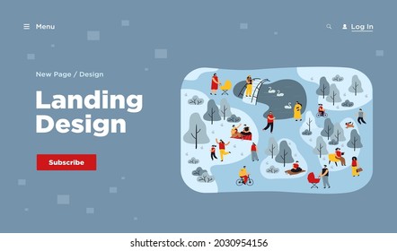 Happy different people walking in city park flat vector illustration. Cartoon characters relaxing, cycling and exercising on nature. Summer activity and leisure concept