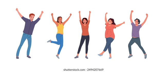 Happy different women and men with raised hands. Vector flat style cartoon  illustration