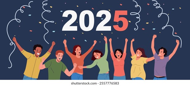 Happy different women and men with raised hands. 2025 concept. Vector flat style cartoon  illustration