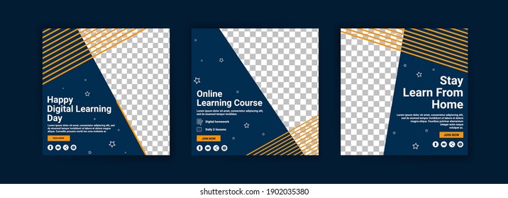 Happy digital learning day. Online courses and classes. Social media post templates for digital marketing and promotion. Advertisements for webinars. Keep studying even at home.