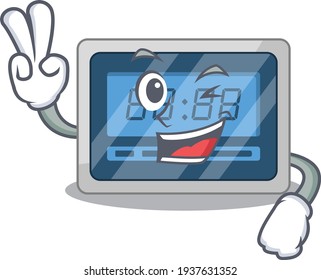 Happy digital timer cartoon design concept show two fingers