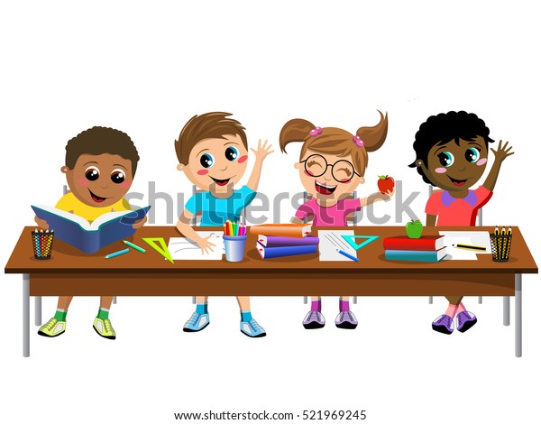 Happy Diligent Kids Children Sitting Desk Stock Vector Royalty