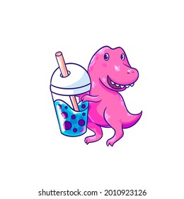 Happy dino with bubble tea. Hand drawn vector illustration for stickers, t-shirts, cards