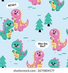 Happy Dino Character Repeating Pattern Vector 