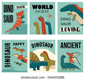 Happy dino characters set of postcards cartoon vector illustration. Posters with cute, loving, smiling prehistoric animals in colorful background. Dinosaur, history, ancient concept for banner design