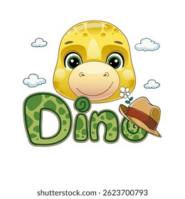 Happy dino with hat. Vector illustration