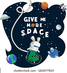 happy dino plays head-on in outer space. Vector illustration for kids  