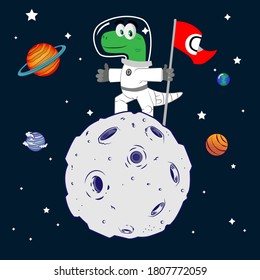 Happy Dino poses on the moon with his flag in hand