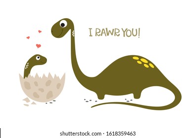 Happy Dinosaur with Baby Dino in the Egg. Vector illustration