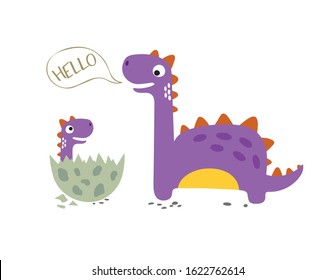 Happy Dinosaur With Baby Dino Sitting In The Egg. Vector Illustration