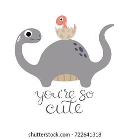 Happy dinosaur with baby dino. Vector illustration