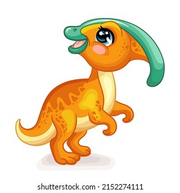 Happy dinosaur baby parasaurolophus. Cute cartoon character. Vector isolated illustration. For print, design, advertising, cards, stationery, t-shirt, textiles and sublimation