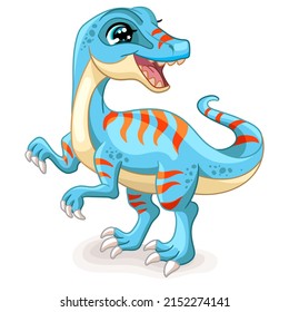 Happy dinosaur blue velociraptor. Cute cartoon character. Vector isolated illustration. For print, design, advertising, cards, stationery, t-shirt, textiles and sublimation