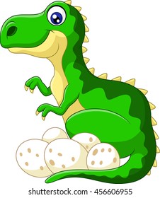 Happy dinosaur cartoon with egg isolated on white background