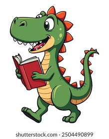 Divertida caricatura de un dinosaurio inteligente feliz caminando con el libro en las manos. Ilustración vectorial para camiseta Impresión a la carta merch