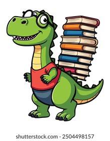 Divertida caricatura de un dinosaurio inteligente lindo feliz caminando con libros en las manos. Ilustración vectorial para camiseta Impresión a la carta merch