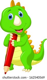 Happy dinosaur cartoon holding red pencil