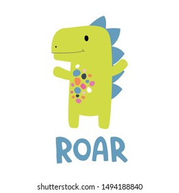 Happy dinosaur in cartoon style. Bright childish illustration with text. Image for t-shirts, posters, poster.
