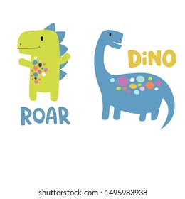 Happy dinosaur in cartoon style. Bright childish illustration with text. Image for t-shirts, posters, poster.