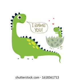 Happy Dinosaur with Cute Little Baby Dino in the Egg. Vector illustration
