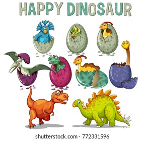 Happy dinosaur with dinosaurs hatching eggs illustration